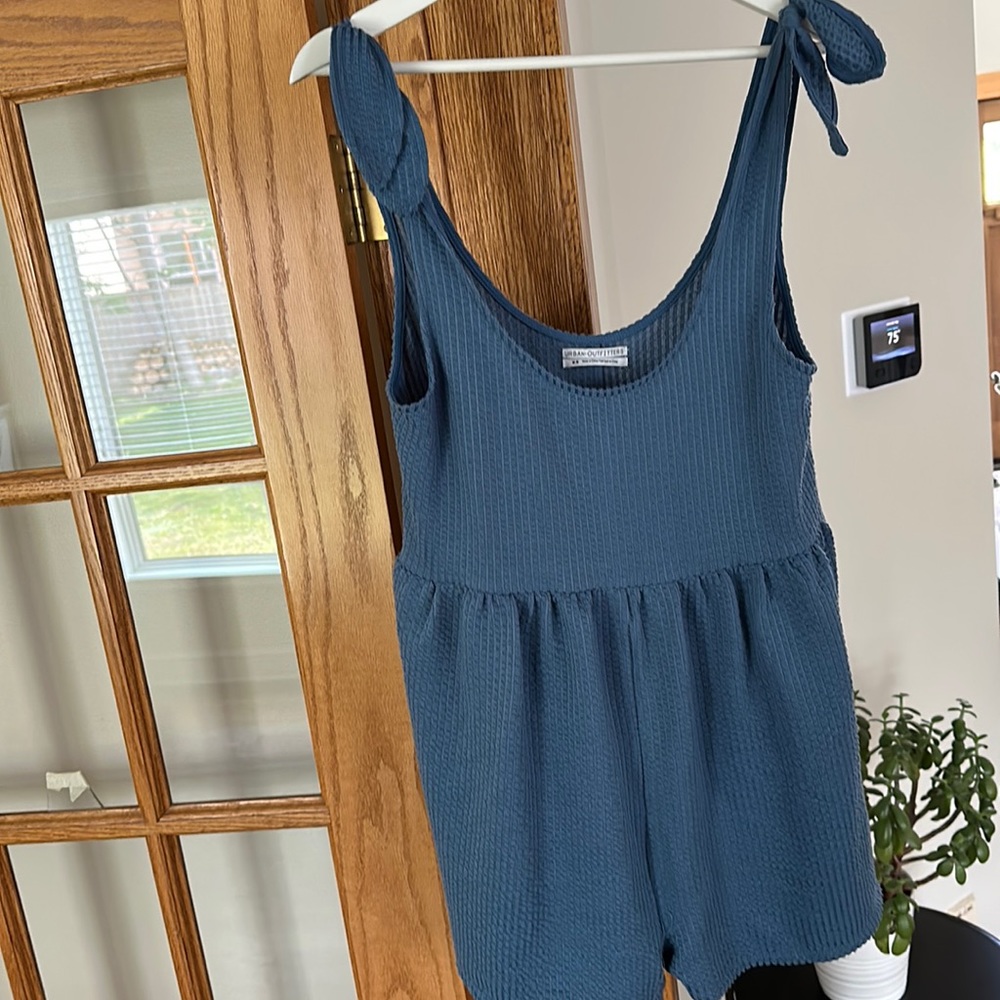Urban outfitters blue romper, ties on shoulders, waffle material